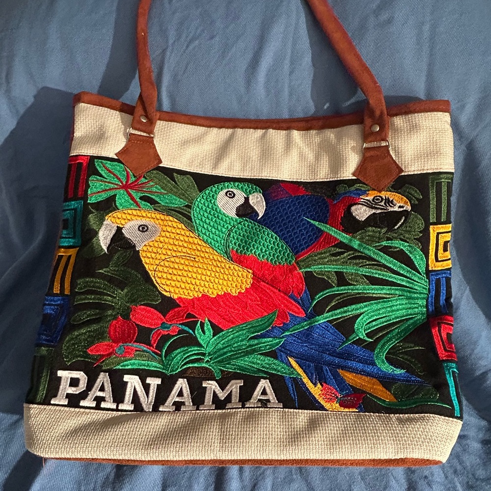 Panama Colorful Parrot Embroidered Tote Bag
